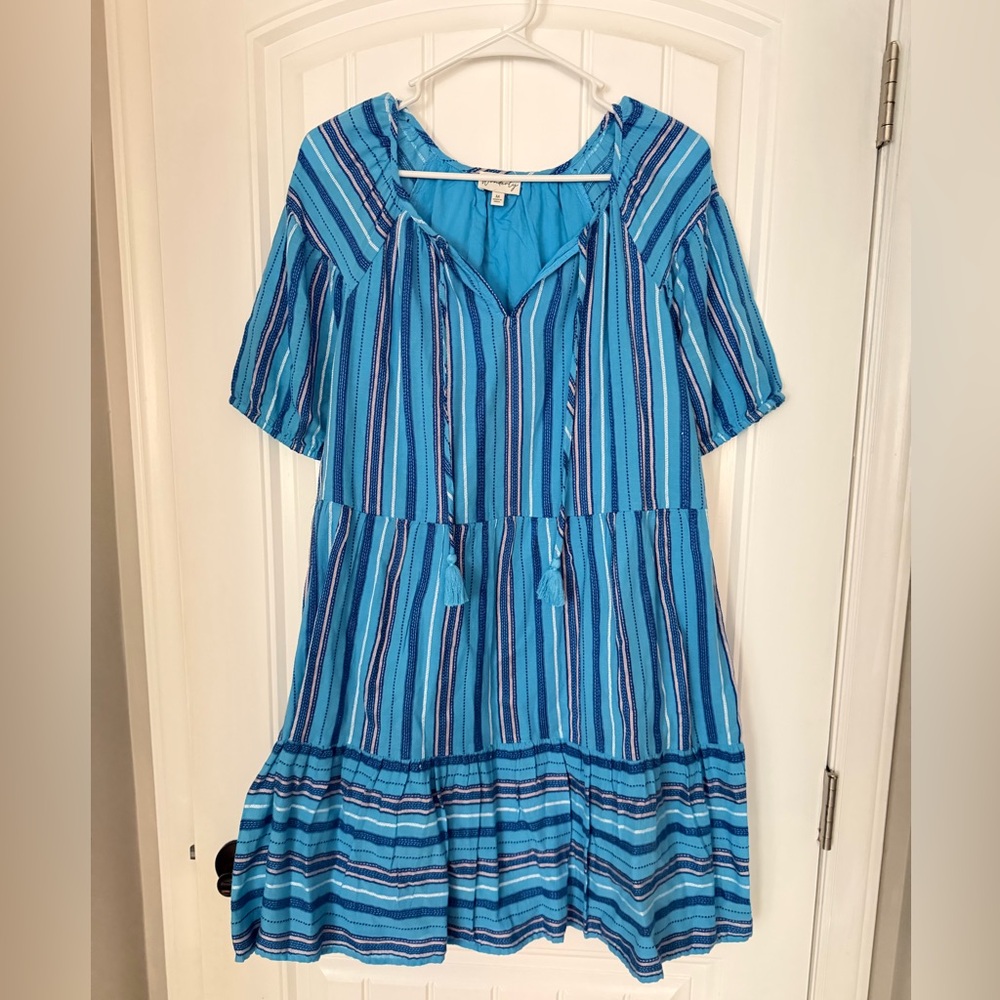 Wonderly Oversized Turquoise Blue and Peach Striped Tiered Dress with Tassels